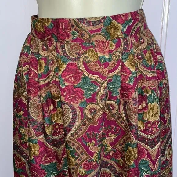 Vtg Liz & Me maroon & green floral paisley full skirt - Picture 2 of 9
